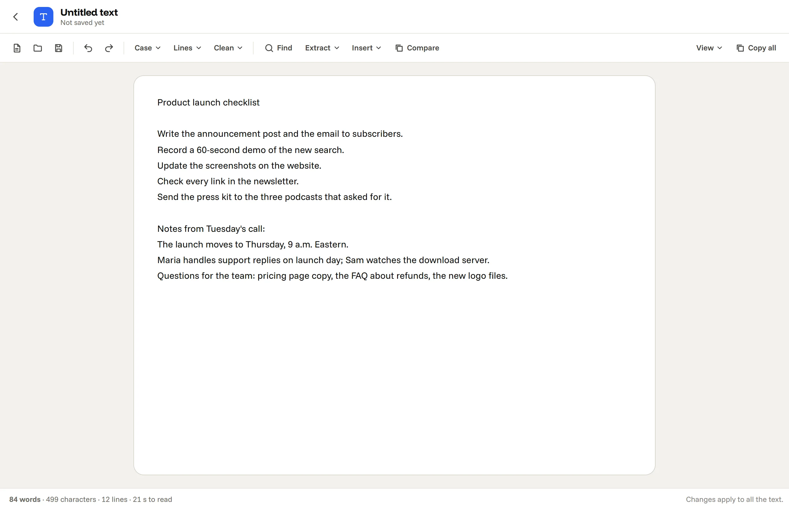 Octoolo Text Studio with a launch checklist typed in: the Case, Lines, Clean, Find, Extract, Insert and Compare menus above and the word and character count below.